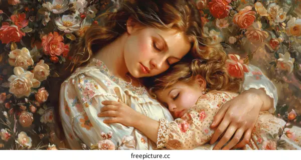 Mother and Child Sleeping in a Flower Garden: A Dream of Peace