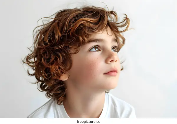 Portrait of a boy with freckles and curly red hair