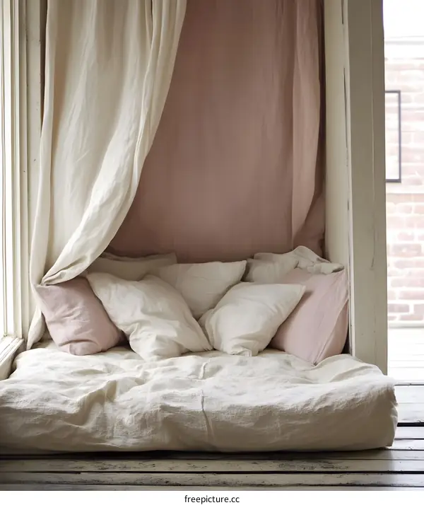 Cozy Bed with White and Pink Linen Curtains
