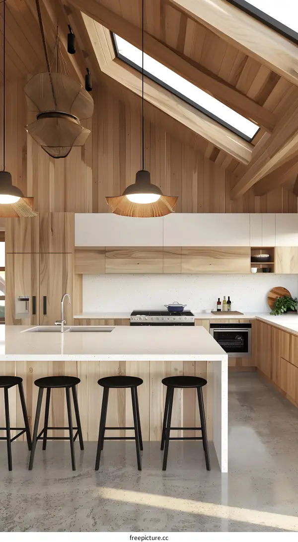 Modern Kitchen Design with Wood Accents and Skylights