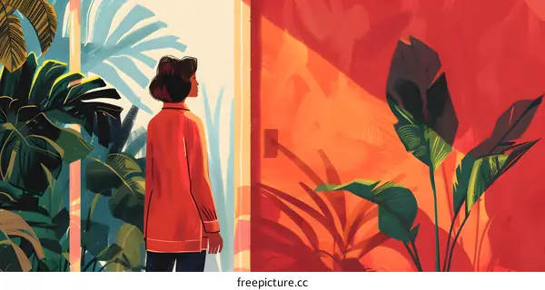 Woman Looking Out The Door In A Tropical Illustration