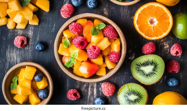 Fresh Fruit Salad with Cantaloupe, Kiwi, Orange, and Raspberries