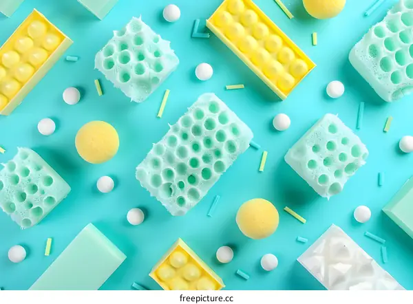 Abstract Background with Yellow and Green Sponges on Blue Background