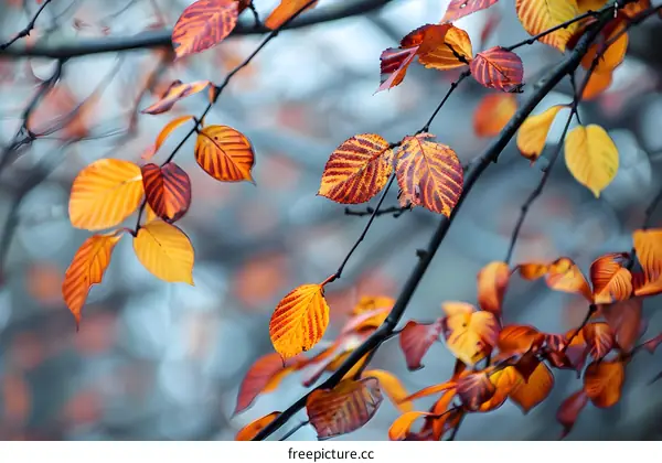 Close Up Of Autumn Leaves On Tree Branch