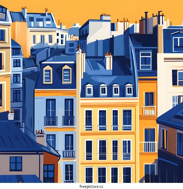Illustration of a Parisian Building with Blue and Yellow Rooftops