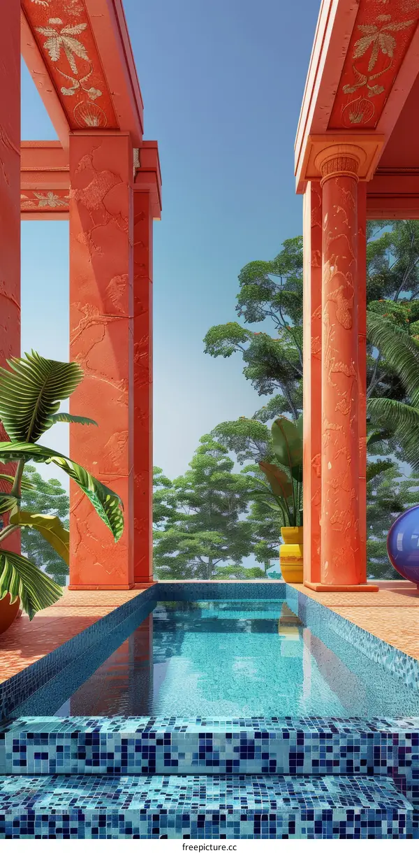 Blue Swimming Pool in Orange Courtyard
