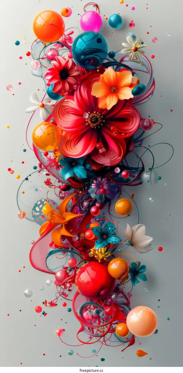 Colorful abstract painting with flowers and bubbles