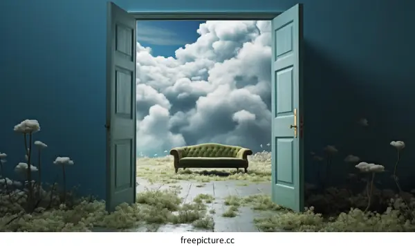Surreal Room with Open Door to Blue Sky and Sofa