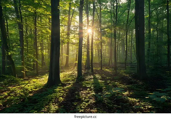 The sun shines through the green trees in the forest