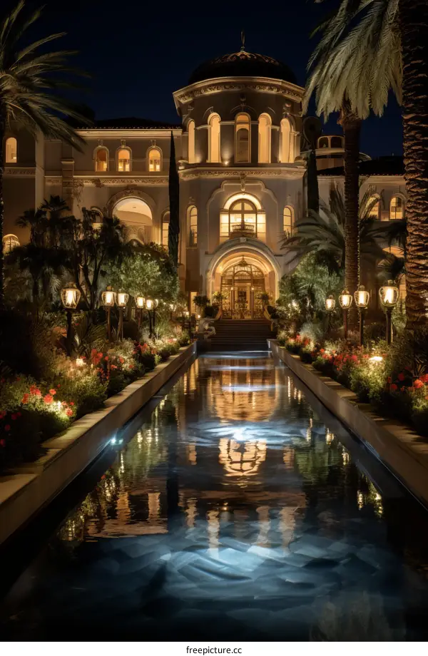 A stunning night view of a mediterranean style mansion with palm trees and a reflecting pool