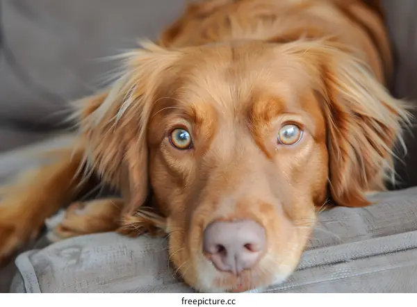 A cute brown golden retriever dog is lying on the couch looking at the camera