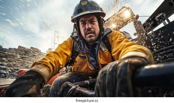 Firefighter in protective gear operates machinery