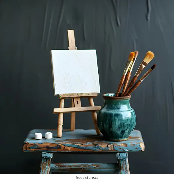 Empty Canvas on Easel with Paintbrushes