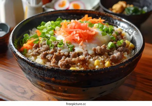 A bowl of gyudon with an egg on top