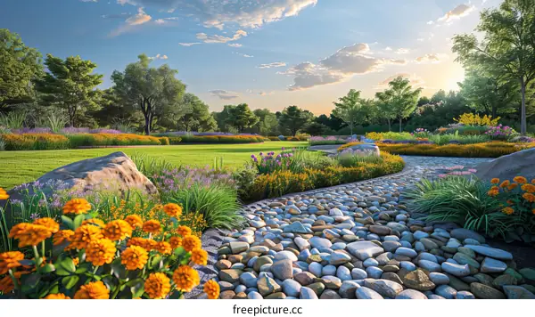 Colorful Flower Garden with Large Rocks and Pathway
