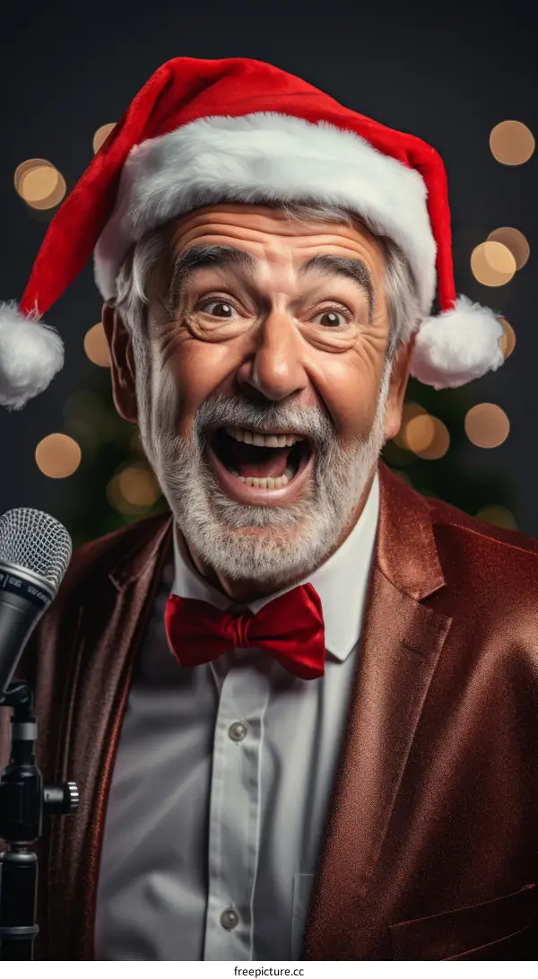 Portrait of a happy senior man wearing a Santa hat and red bow tie, with a surprised expression on his face, while singing into a microphone