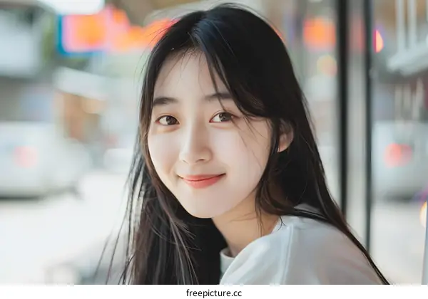 Smiling Asian Woman With Long Black Hair