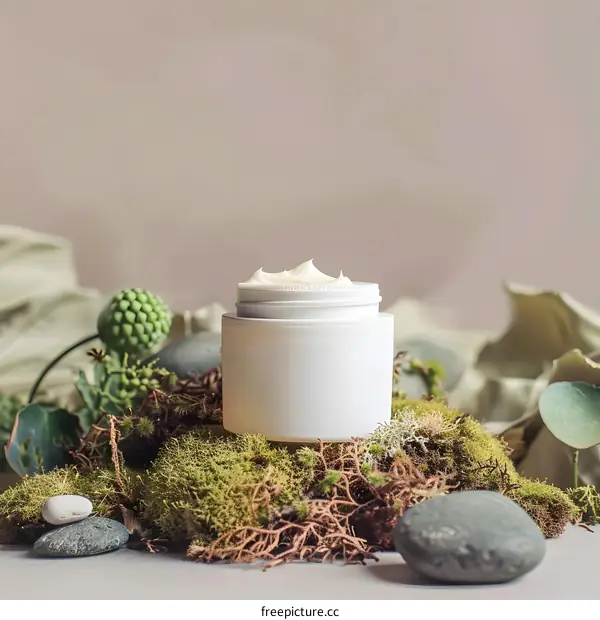Natural Beauty Cream Jar On Moss Background