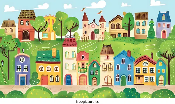 Colorful Houses on a Hilltop in a Dreamy Landscape