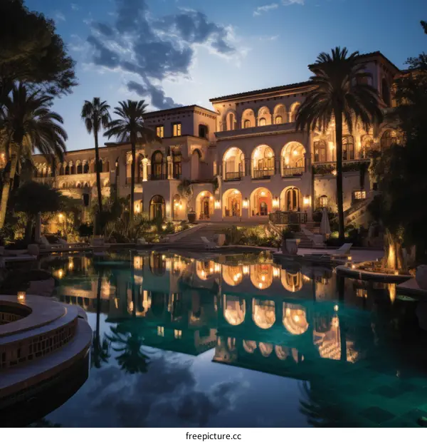 A beautiful mansion with a pool and palm trees at night