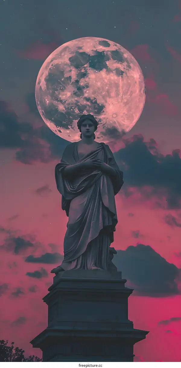 Statue of a Woman Under a Large Pink Moon