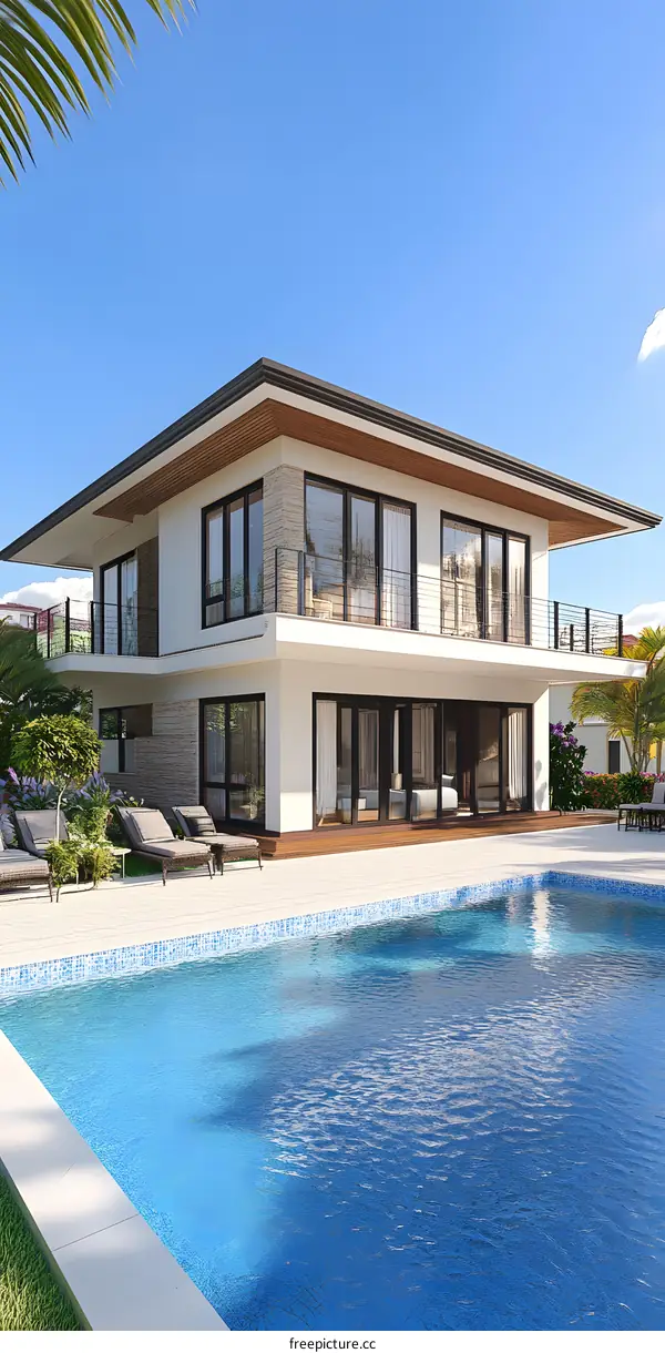 Modern Villa with Swimming Pool and Palm Trees