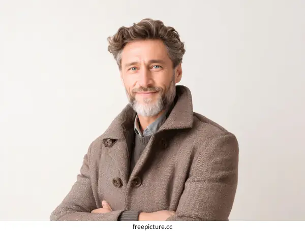 Smiling Caucasian Man in a Brown Coat