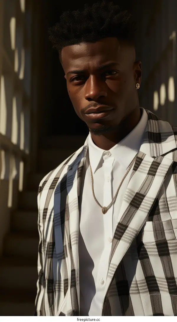 A young African-American man is wearing a suit and a white shirt