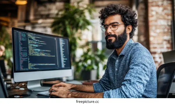Focused Businessman Working on Computer in Modern Office