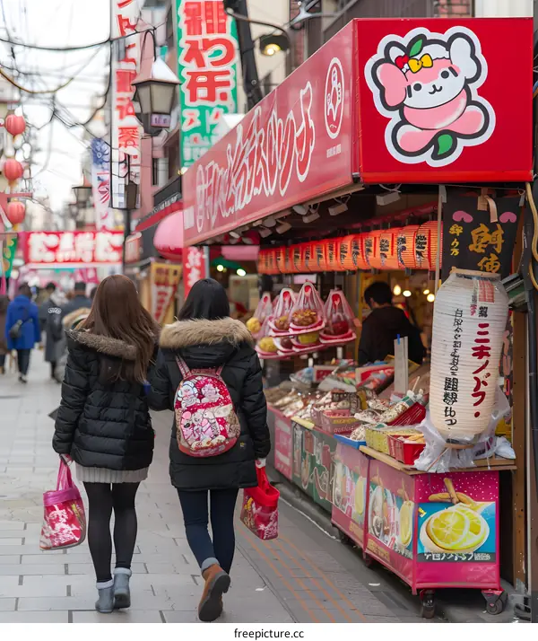 Two Japanese Women Walking Past A Street Food Vendor In Japan