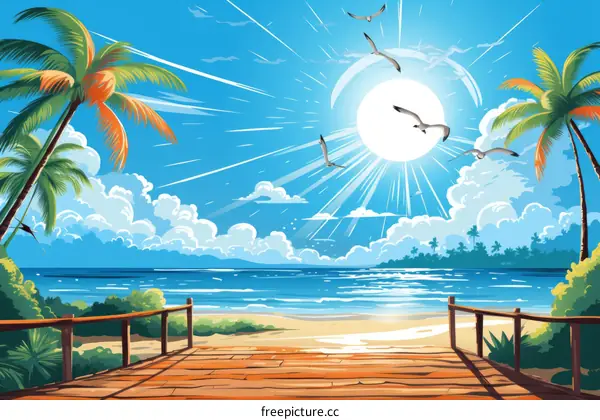 Beach boardwalk with palm trees and ocean view