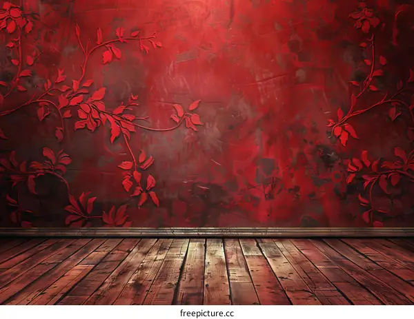 Red grunge wall and wooden floor in retro style