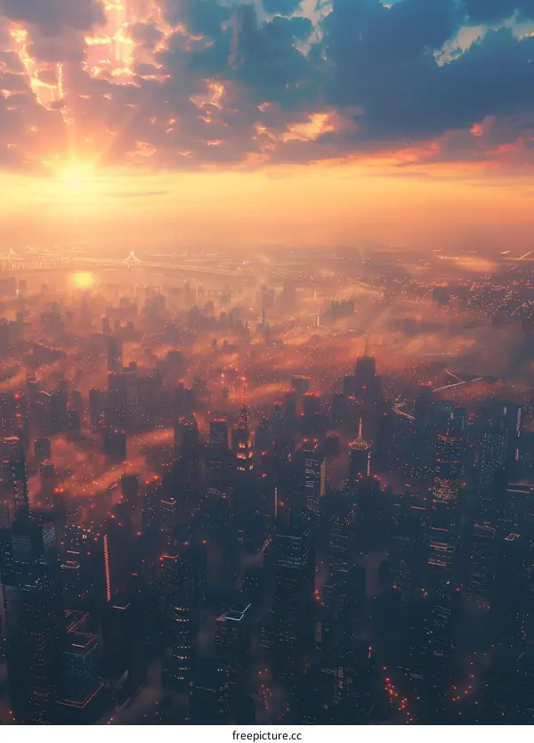 An aerial view of a city with a beautiful sunset