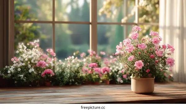 Windowsill Decorated with Pink Flowers