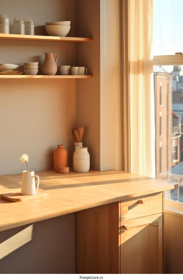 Sunlight Streaming Through a Window onto a Minimalist Wooden Table