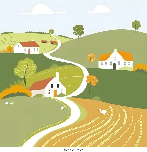 Countryside Illustration with Winding Road and Farmhouses