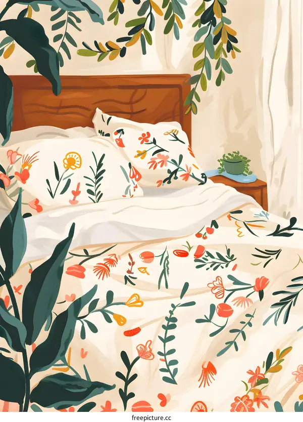 Floral Bedding Illustration with Green Plants