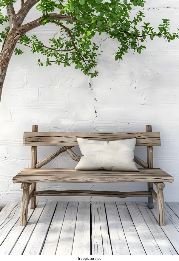 Rustic Wooden Bench with Pillow in Front of White Wall