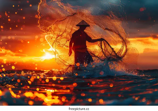 Fisherman in a boat at sunset silhouette with a net