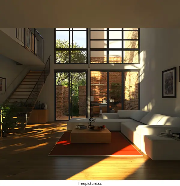 Modern Living Room with Large Windows and Brick Wall
