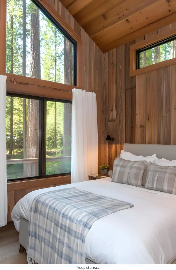 Modern Cabin Bedroom with Large Windows and Forest View