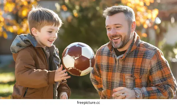 Father and Son Playing Soccer Outdoors in Autumn