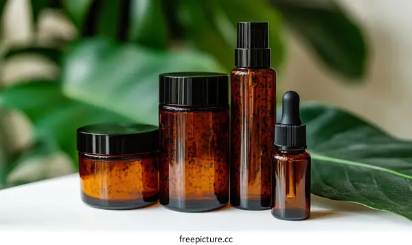 Amber Glass Cosmetics Bottles and Jars on a White Surface with Green Leaves