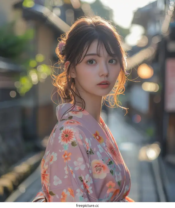 Young Woman in Kimono Standing in Japanese Town
