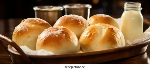 Freshly baked bread rolls in a basket with a milk bottle