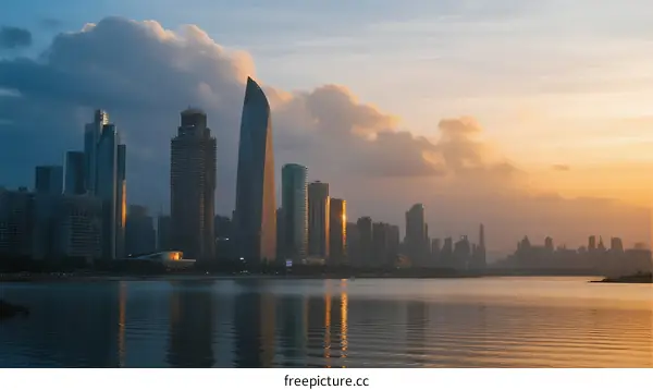 Sunset view of modern city skyline with calm water