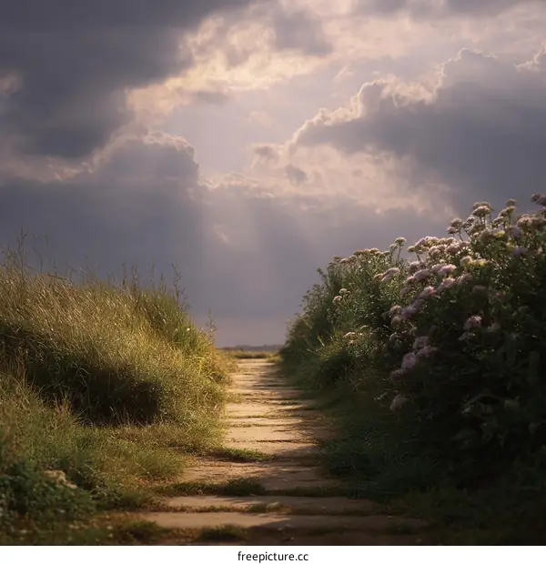 Sunbeams Path Through Cloudy Landscape