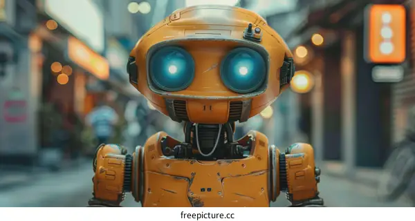 A yellow robot standing in a city street