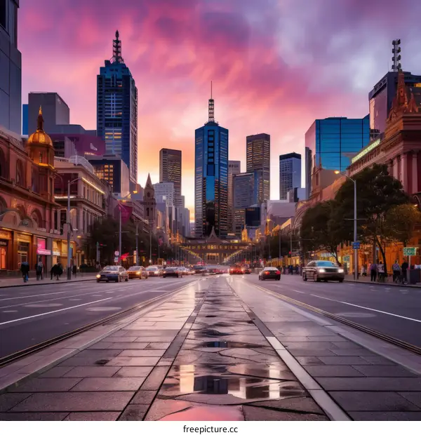 City street with people and cars at sunset