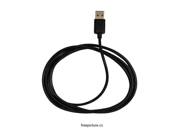 [Transparent Background PNG]Black USB Cable Coiled on White Background